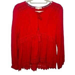 Farmer's Market Red Boho Long Sleeve Lace Top Size Small